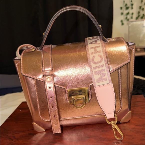 Michael Kors Handbags - Michael Kors Metallic Rose Gold Satchel with Signature Web Strap